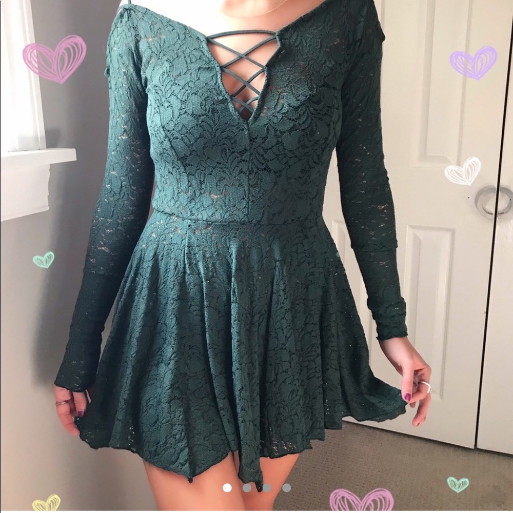 Free People Dark Green Lace Long Sleeve Skater Dress